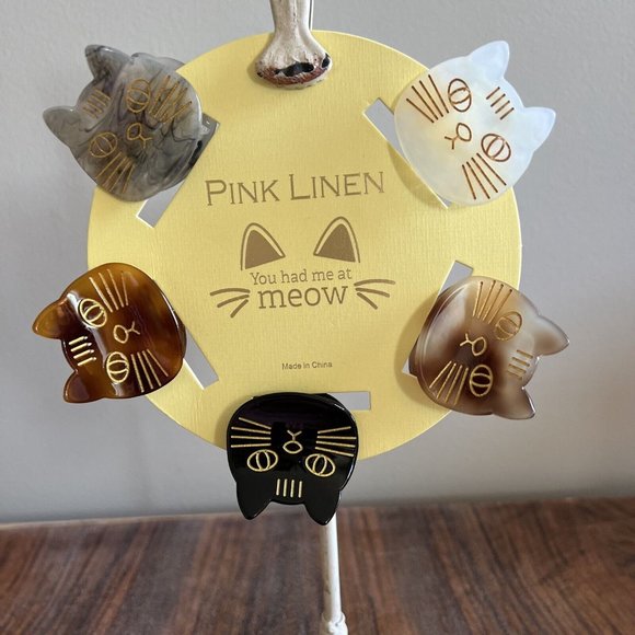 Pink Linen 'You Had Me at Meow" Set 5 CAT Hair Clips - Picture 2 of 2